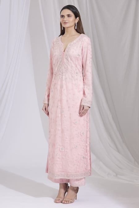 Shop_Ariyana By Aza_Pink Net, Bamboo, Silk Embroidery Round Neck Kurta And Pant Set _Online_at_Aza_Fashions