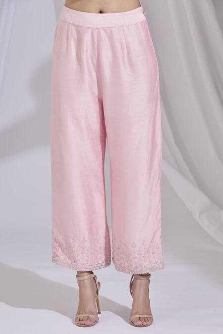 Ariyana By Aza_Pink Net, Bamboo, Silk Embroidery Round Neck Kurta And Pant Set _at_Aza_Fashions