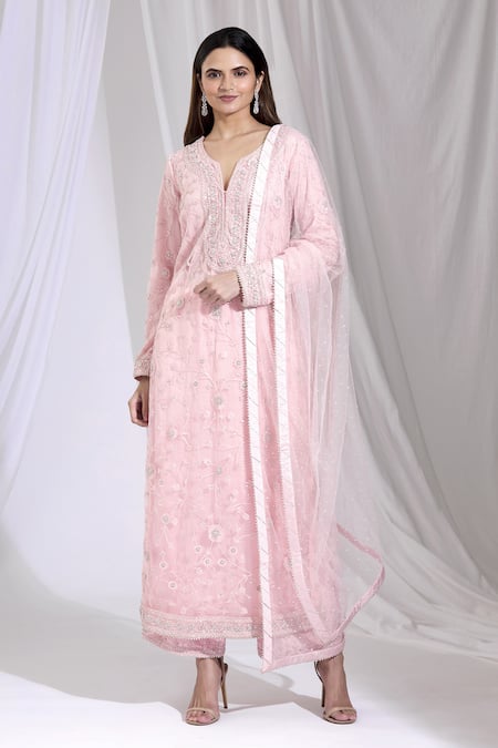 Buy_Ariyana By Aza_Pink Net, Bamboo, Silk Embroidery Round Neck Kurta And Pant Set _Online_at_Aza_Fashions