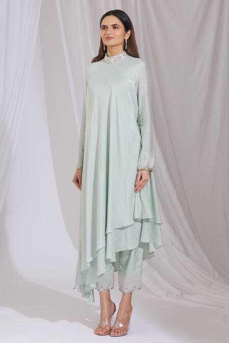Aariyana Couture_Blue Cotton, Silk Beads Collared Asymmetric Kurta And Pant Set_Online_at_Aza_Fashions