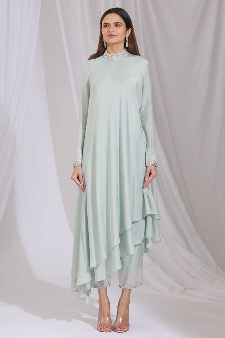 Shop_Aariyana Couture_Blue Cotton, Silk Beads Collared Asymmetric Kurta And Pant Set_Online_at_Aza_Fashions