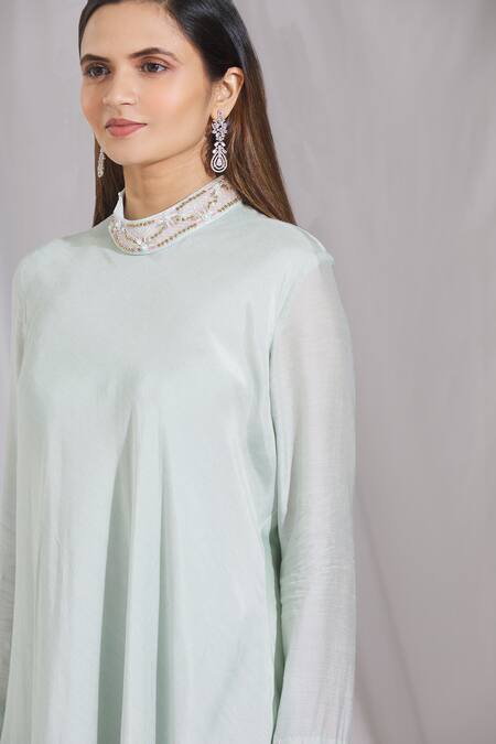 Aariyana Couture_Blue Cotton, Silk Beads Collared Asymmetric Kurta And Pant Set_at_Aza_Fashions