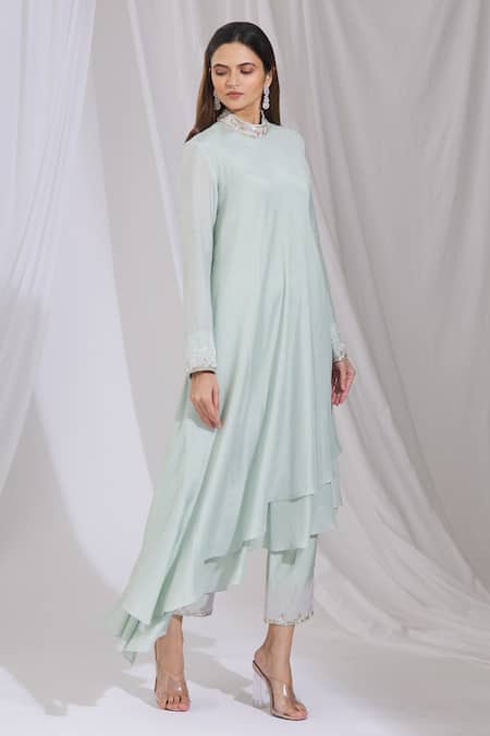 Buy_Aariyana Couture_Blue Cotton, Silk Beads Collared Asymmetric Kurta And Pant Set_Online_at_Aza_Fashions
