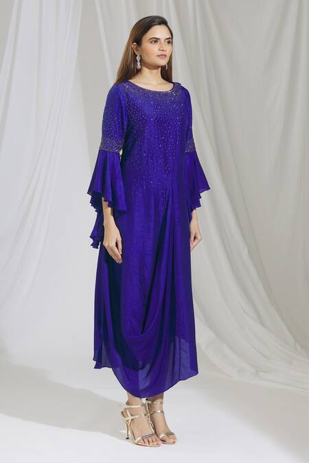 Aariyana Couture_Blue Beads Round Neck Cowl Draped Tunic_Online_at_Aza_Fashions