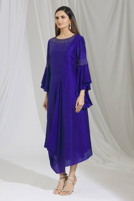 Buy_Aariyana Couture_Blue Beads Round Neck Cowl Draped Tunic_Online_at_Aza_Fashions