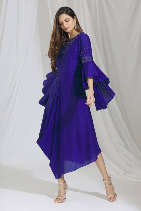 Shop_Aariyana Couture_Blue Beads Round Neck Cowl Draped Tunic_Online_at_Aza_Fashions