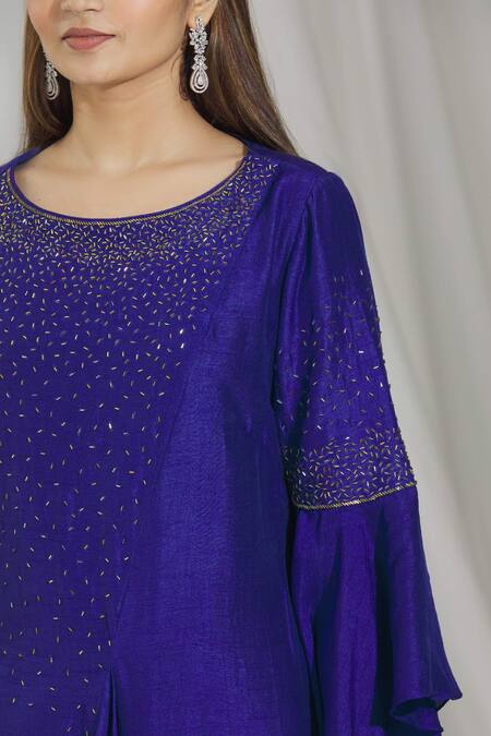 Aariyana Couture_Blue Beads Round Neck Cowl Draped Tunic_at_Aza_Fashions
