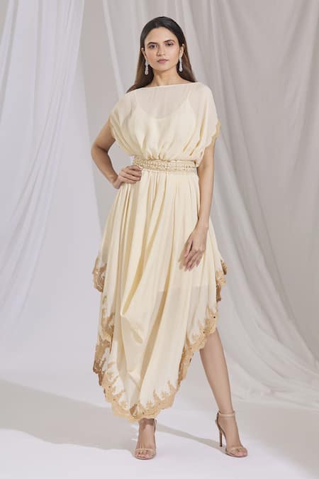 Buy_Ariyana by Aza_Beige Chinon Round Cowl Draped Dress _Online_at_Aza_Fashions