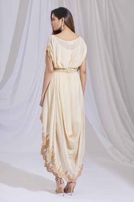 Shop_Ariyana by Aza_Beige Chinon Round Cowl Draped Dress _at_Aza_Fashions
