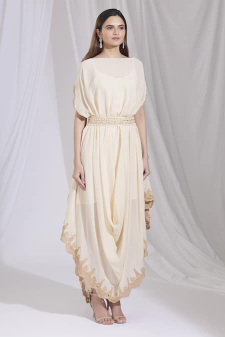 Ariyana by Aza_Beige Chinon Round Cowl Draped Dress _Online_at_Aza_Fashions