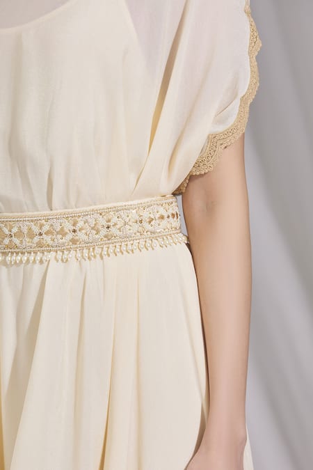 Ariyana by Aza_Beige Chinon Round Cowl Draped Dress _at_Aza_Fashions