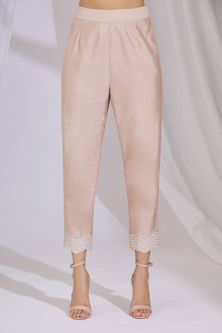 Shop_Aariyana Couture_Beige Cotton, Silk Beads V-neck Asymmetric Kurta And Pant Set_Online_at_Aza_Fashions