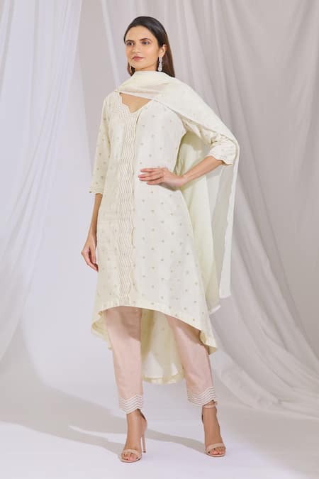 Buy_Aariyana Couture_Beige Cotton, Silk Beads V-neck Asymmetric Kurta And Pant Set_Online_at_Aza_Fashions