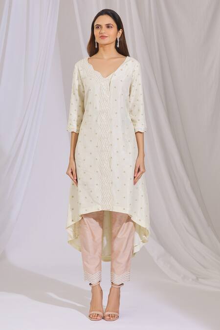 Aariyana Couture_Beige Cotton, Silk Beads V-neck Asymmetric Kurta And Pant Set_Online_at_Aza_Fashions