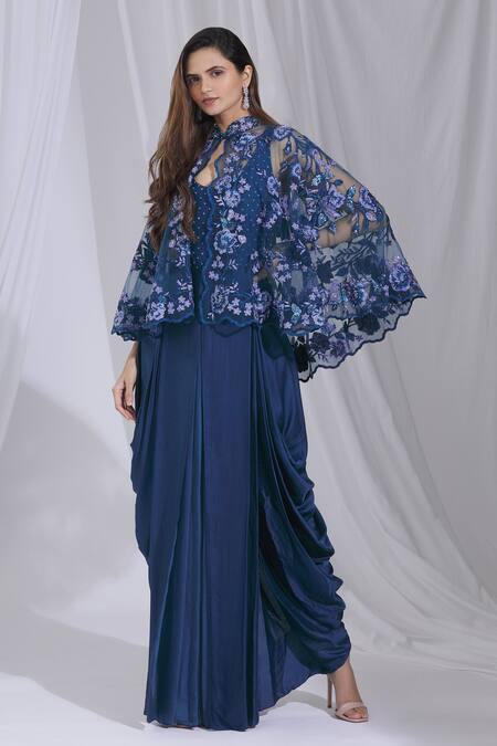 Aariyana Couture_Blue Modal, Net Embroidery, Cut Work Round Neck, Draped Jumpsuit With Cape _Online_at_Aza_Fashions