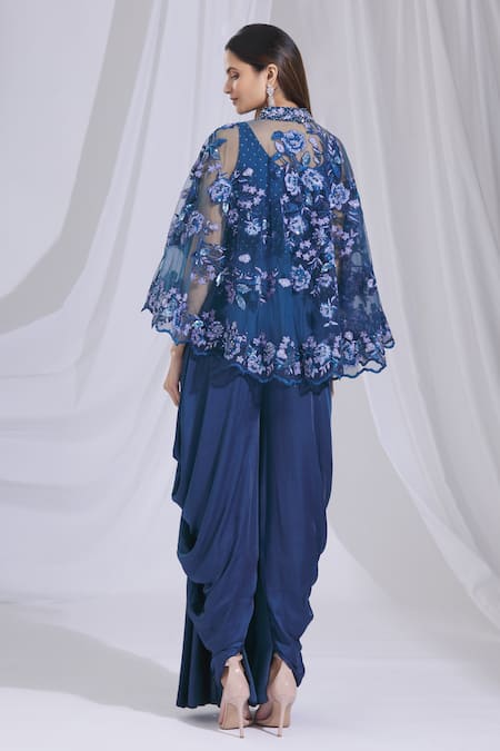 Shop_Aariyana Couture_Blue Modal, Net Embroidery, Cut Work Round Neck, Draped Jumpsuit With Cape _at_Aza_Fashions