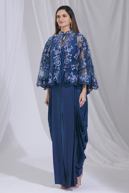Buy_Aariyana Couture_Blue Modal, Net Embroidery, Cut Work Round Neck, Draped Jumpsuit With Cape _Online_at_Aza_Fashions