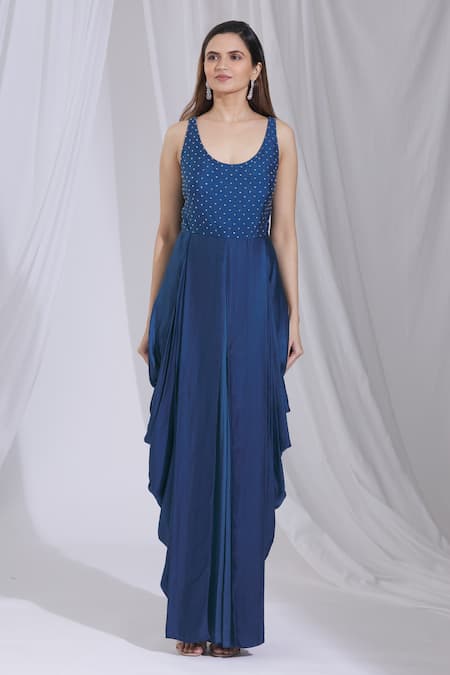 Shop_Aariyana Couture_Blue Modal, Net Embroidery, Cut Work Round Neck, Draped Jumpsuit With Cape _Online_at_Aza_Fashions