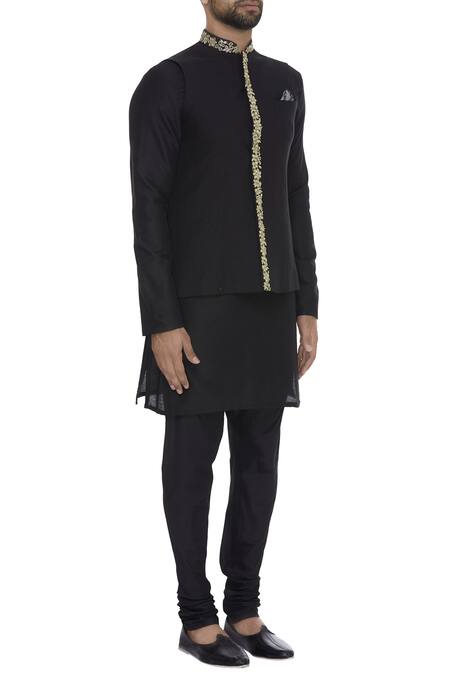 Vikram Phadnis_Black Zardozi Embroidered Bundi With Kurta And Churidar_Online_at_Aza_Fashions
