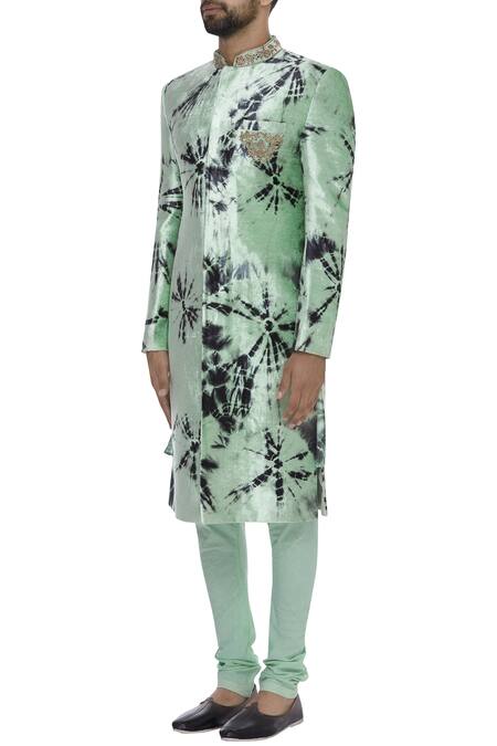 Vikram Phadnis_Green Tie Dye Sherwani Kurta Set_Online_at_Aza_Fashions
