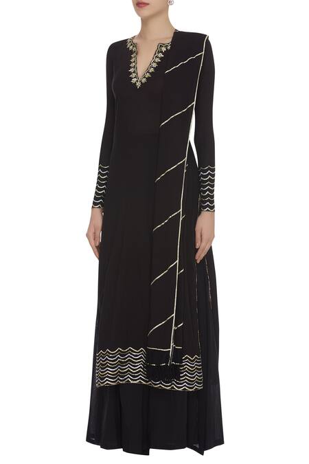 Neha Khullar_Black Notched Gota And Zari Embroidered Kurta Set _Online_at_Aza_Fashions