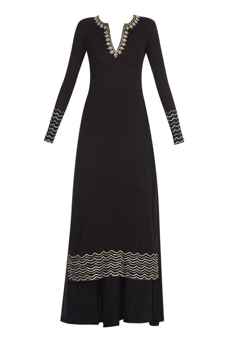 Buy_Neha Khullar_Black Notched Gota And Zari Embroidered Kurta Set _Online_at_Aza_Fashions