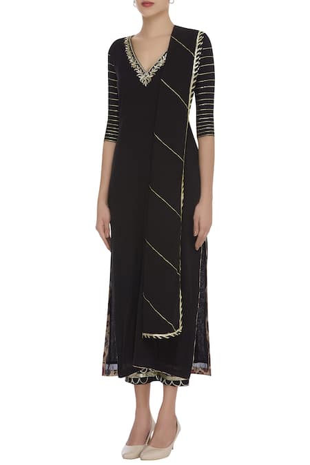 Neha Khullar_Black V Neck Gota And Mukaish Embroidered Kurta Set _Online_at_Aza_Fashions
