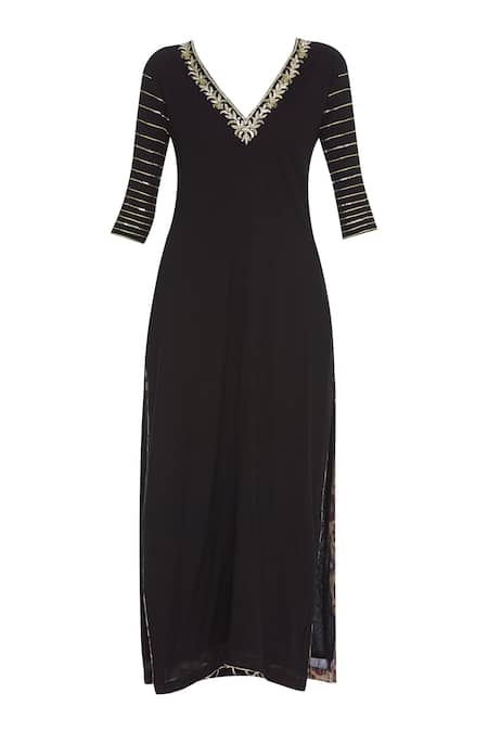Buy_Neha Khullar_Black V Neck Gota And Mukaish Embroidered Kurta Set _Online_at_Aza_Fashions