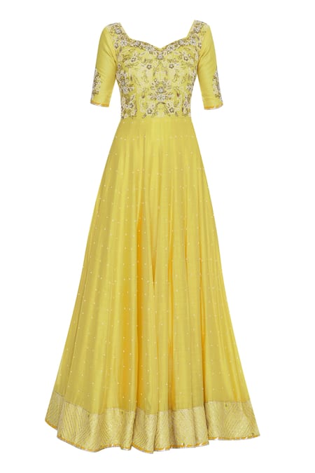 Buy_Neha Khullar_Yellow Notched Pearl And Sequin Embrodiered Anarkali Kurta Set _Online_at_Aza_Fashions
