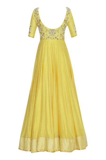 Shop_Neha Khullar_Yellow Notched Pearl And Sequin Embrodiered Anarkali Kurta Set _Online_at_Aza_Fashions