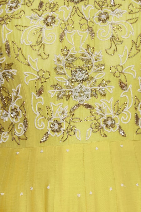 Neha Khullar_Yellow Notched Pearl And Sequin Embrodiered Anarkali Kurta Set _at_Aza_Fashions