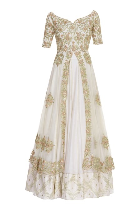 Buy_Neha Khullar_White Organza, Chanderi Silk V Neck Kurta Lehenga Set _Online_at_Aza_Fashions