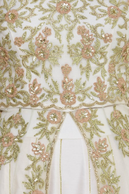 Neha Khullar_White Organza, Chanderi Silk V Neck Kurta Lehenga Set _at_Aza_Fashions