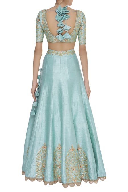 Shop_Neha Khullar_Blue Raw Silk Gota, Sequin Leaf Neck And Embellished Lehenga Set _at_Aza_Fashions
