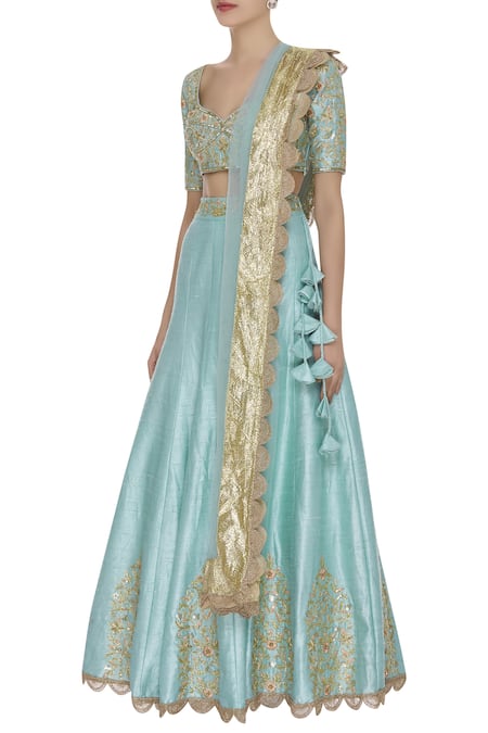 Neha Khullar_Blue Raw Silk Gota, Sequin Leaf Neck And Embellished Lehenga Set _Online_at_Aza_Fashions