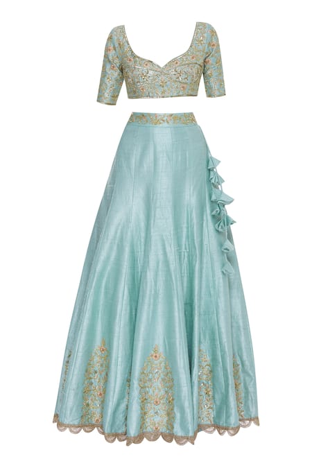 Buy_Neha Khullar_Blue Raw Silk Gota, Sequin Leaf Neck And Embellished Lehenga Set _Online_at_Aza_Fashions