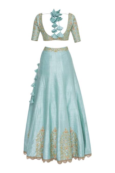 Shop_Neha Khullar_Blue Raw Silk Gota, Sequin Leaf Neck And Embellished Lehenga Set _Online_at_Aza_Fashions