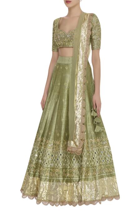 Neha Khullar_Green Raw Silk Gota, Sequin U Neck And Dabka Embroidered Lehenga Set _Online_at_Aza_Fashions
