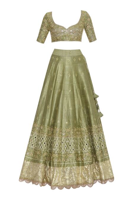 Buy_Neha Khullar_Green Raw Silk Gota, Sequin U Neck And Dabka Embroidered Lehenga Set _Online_at_Aza_Fashions