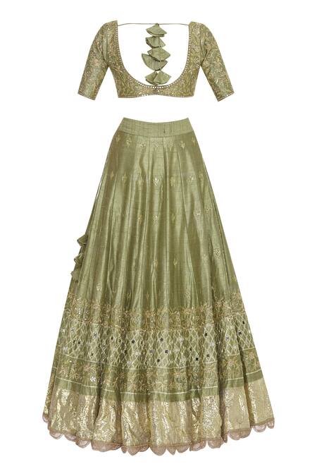 Shop_Neha Khullar_Green Raw Silk Gota, Sequin U Neck And Dabka Embroidered Lehenga Set _Online_at_Aza_Fashions