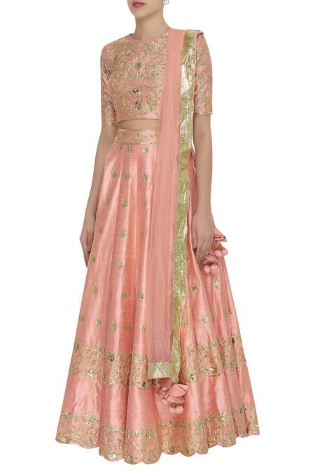 Neha Khullar_Peach Raw Silk Round Gota And Mirror Embroidered Lehenga Set _Online_at_Aza_Fashions