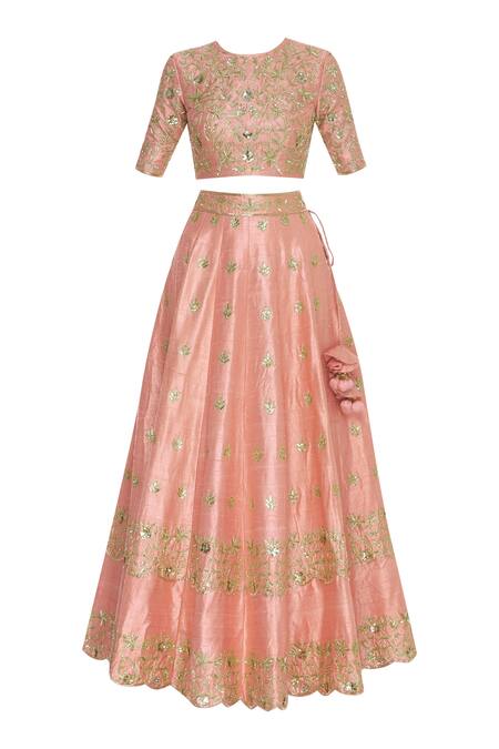 Buy_Neha Khullar_Peach Raw Silk Round Gota And Mirror Embroidered Lehenga Set _Online_at_Aza_Fashions
