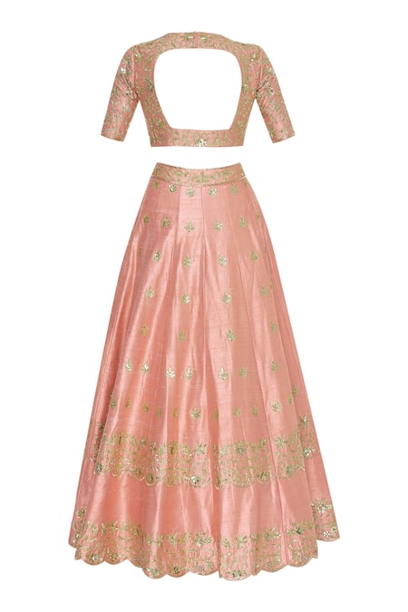 Shop_Neha Khullar_Peach Raw Silk Round Gota And Mirror Embroidered Lehenga Set _Online_at_Aza_Fashions