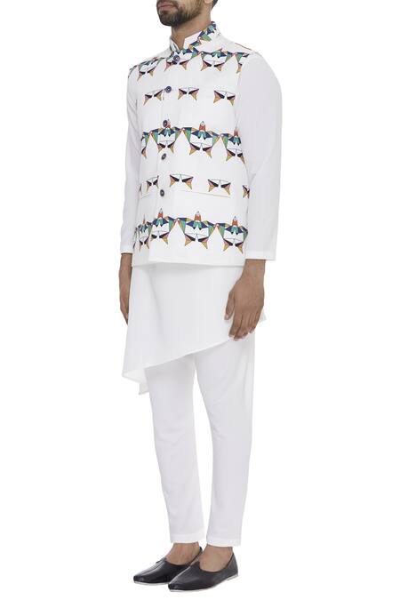 Nautanky_White Snake Geometric Digital Printed Nehru Jacket _Online_at_Aza_Fashions