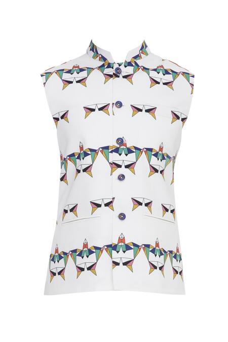 Buy_Nautanky_White Snake Geometric Digital Printed Nehru Jacket _Online_at_Aza_Fashions