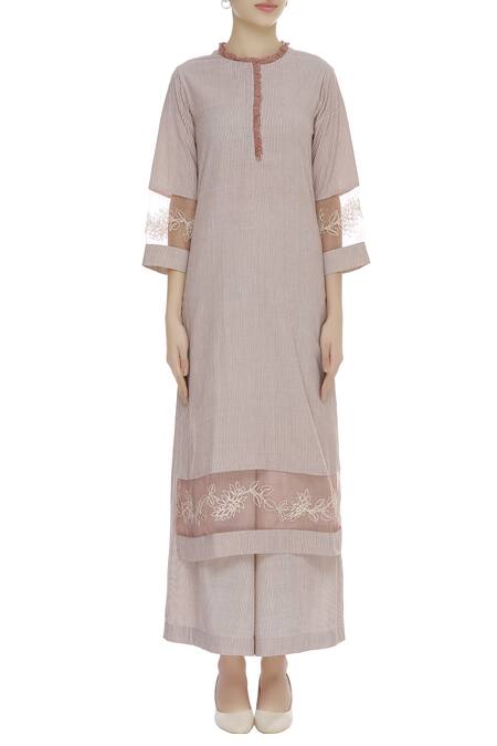 Aekatri Pink Striped Ruffle Detail Kurta Set 4
