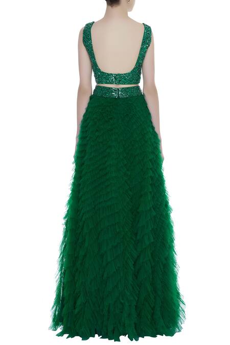 Shop_Nadine Dhody_Green Ruffle Lehenga Set_at_Aza_Fashions
