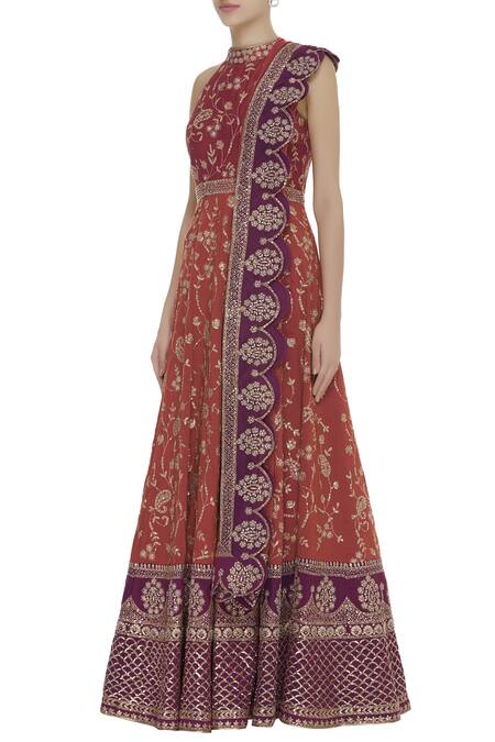 Vandana Sethi_Brown Halter Embroidered Anarkali With Dupatta _Online_at_Aza_Fashions