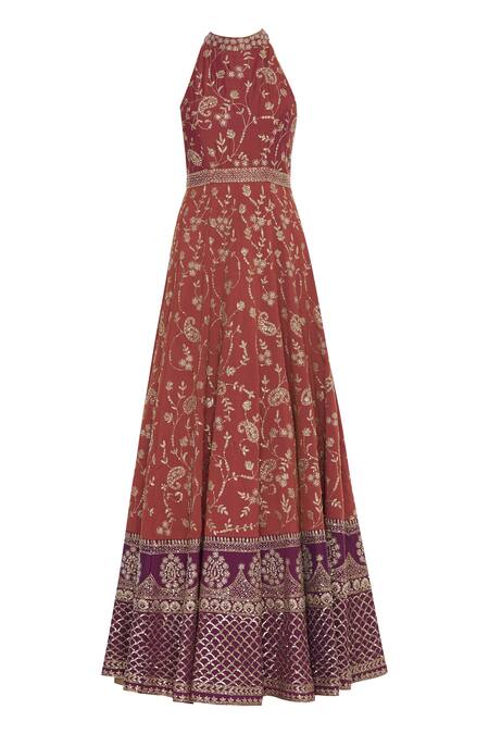Buy_Vandana Sethi_Brown Halter Embroidered Anarkali With Dupatta _Online_at_Aza_Fashions