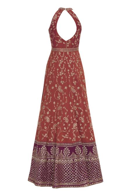 Shop_Vandana Sethi_Brown Halter Embroidered Anarkali With Dupatta _Online_at_Aza_Fashions